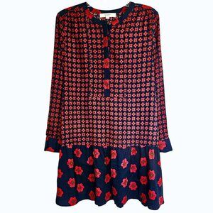 LOFT Navy, Red & Tan Floral Patterned Button Down Drop Waist Mini Dress Size M